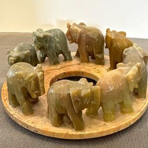 Carved Stone Elephant Figurines Candle Holder on Circular Base Made in India